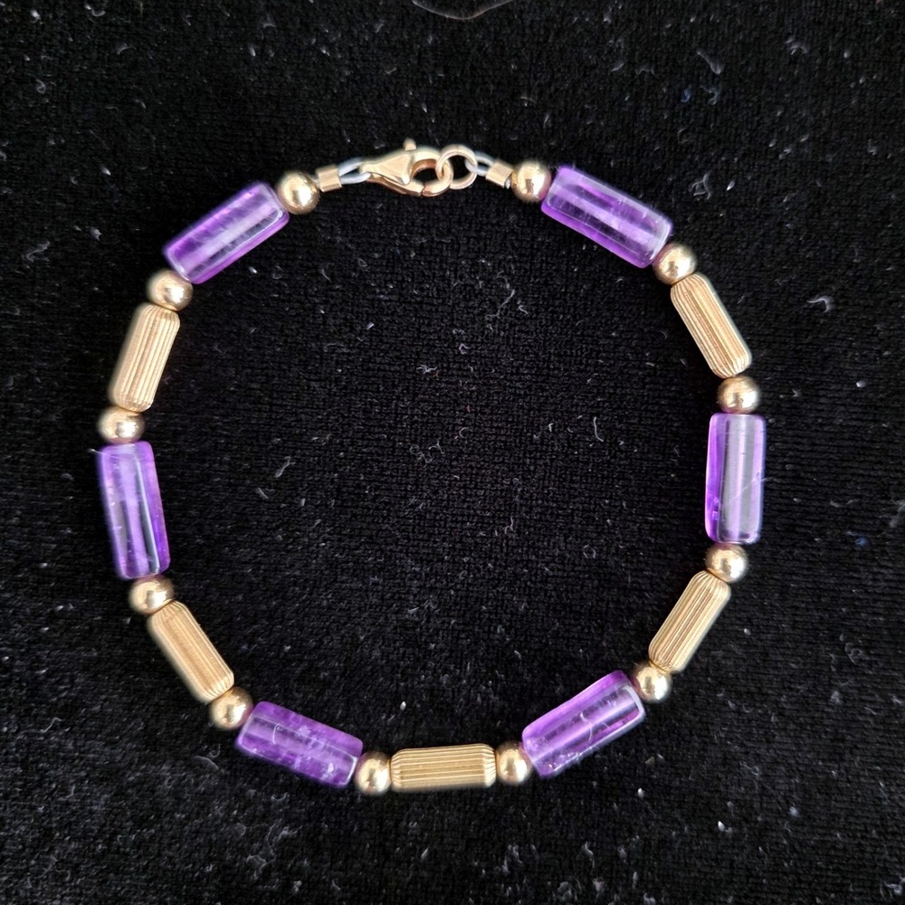 Amethyst Purple Gemstone 18K GF‎ Gold Beaded Bracelet 7.25 Inch Lobster Clasp